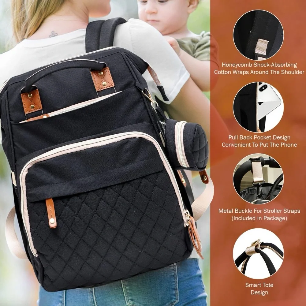 Akshomz Diaper Bag Backpack with Changing Station, Black Tan NEW